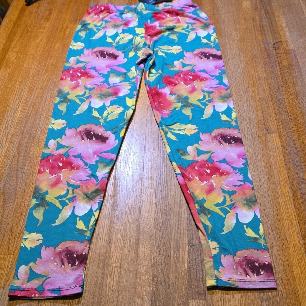 NWT Agnes & Dora Women S/M (4-12) Teal Pink Floral Soft Stretchy Leggings AD0202